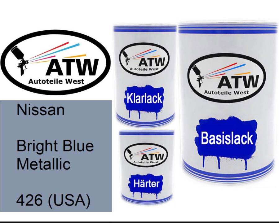 Nissan, Bright Blue Metallic, 426 (USA): 500ml Lackdose + 500ml Klarlack + 250ml Härter - Set, von ATW Autoteile West.